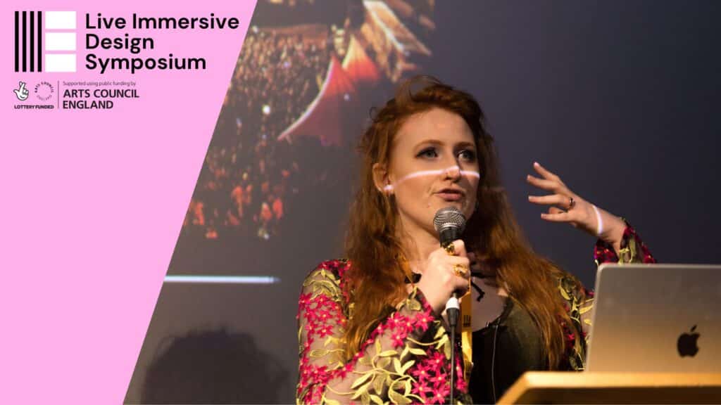 Soph Shaw presenting at the Live Immersive Design Symposium in October 2023